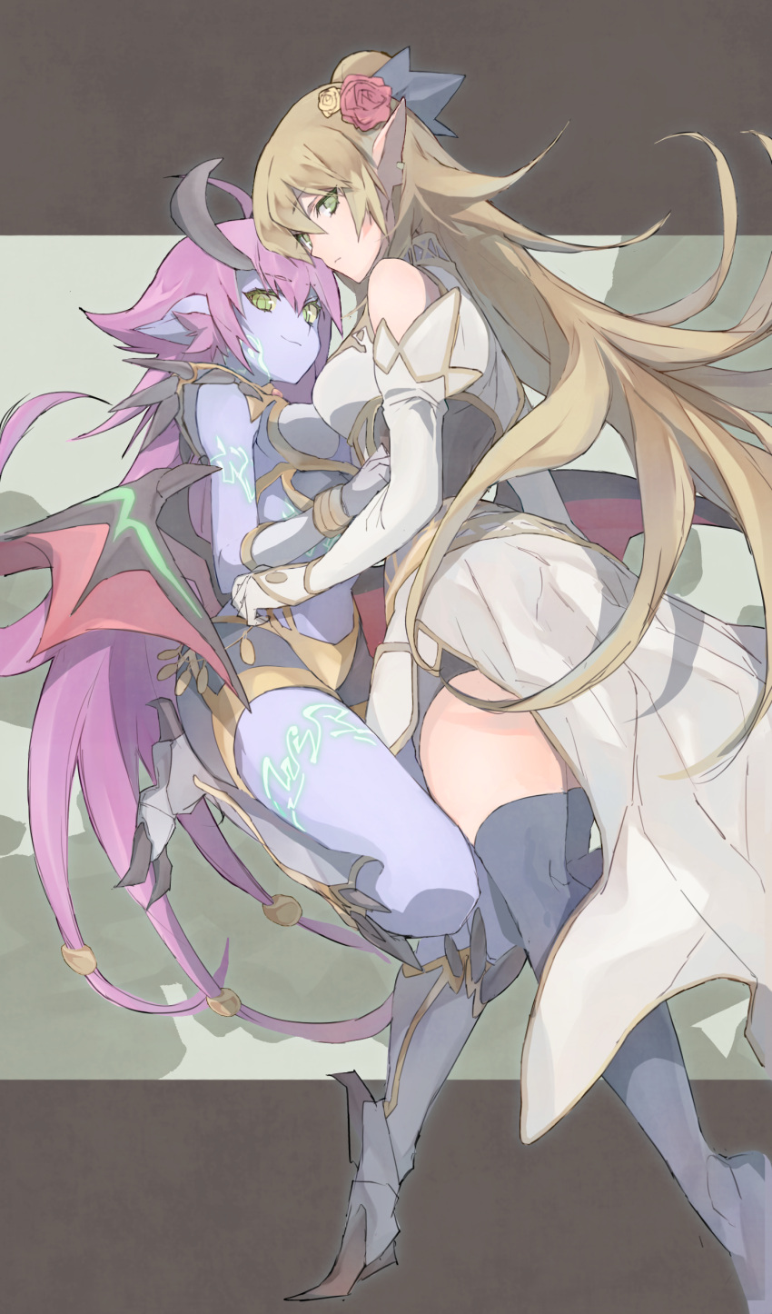 2girls absurdres animal_ear_fluff animal_ears arm_tattoo bare_shoulders blonde_hair claws colored_skin demon_girl dress duel_monster elbow_gloves flower gloves glowing_tattoo green_eyes hair_flower hair_ornament hair_tubes highres horns leg_tattoo leg_up long_hair low_wings multiple_girls pointy_ears purple_hair purple_skin smile standing standing_on_one_leg subterror_fiendess subterror_nemesis_archer tattoo thigh-highs tsumayouji_(dekosoko) white_gloves wings yu-gi-oh! zettai_ryouiki