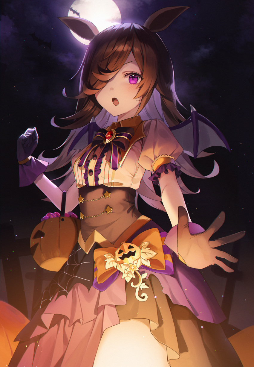 1girl :o absurdres animal_ears bangs bat_wings black_bow black_skirt bow brown_hair center_frills commentary cowboy_shot fang frilled_shirt frilled_sleeves frills full_moon gloves hair_over_one_eye halloween_bucket highres horse_ears horse_girl knowa long_hair looking_at_viewer make_up_in_halloween!_(umamusume) moon night night_sky open_mouth outdoors print_skirt puffy_short_sleeves puffy_sleeves purple_gloves rice_shower_(umamusume) shirt short_sleeves skirt sky solo spider_web_print umamusume violet_eyes white_shirt wings