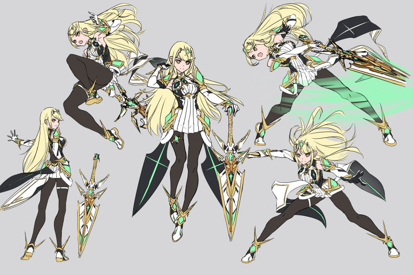 1girl absurdres bangs bare_shoulders black_legwear blonde_hair breasts chest_jewel dress earrings gloves highres jewelry large_breasts long_hair lu_(pixiv20967832) mythra_(massive_melee)_(xenoblade) mythra_(xenoblade) short_dress solo super_smash_bros. swept_bangs thigh_strap tiara very_long_hair white_dress white_footwear white_gloves xenoblade_chronicles_(series) xenoblade_chronicles_2 yellow_eyes