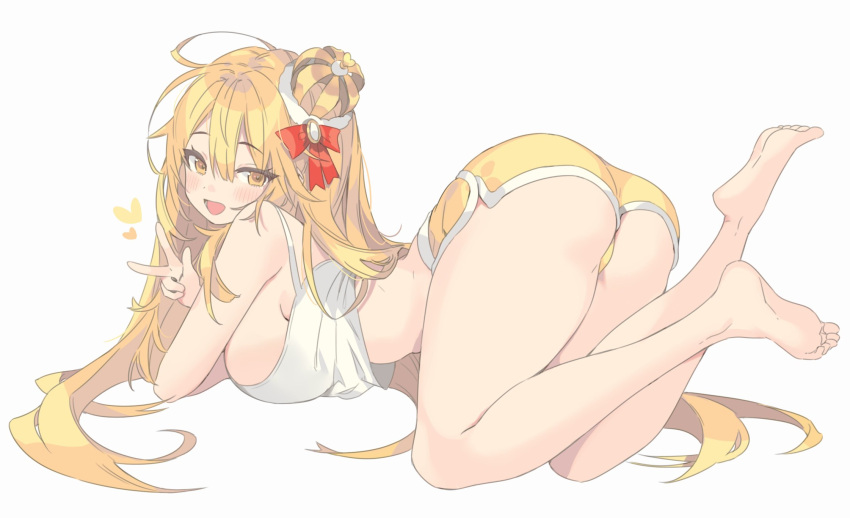 1girl all_fours ass bangs barefoot blonde_hair blush bow breasts crown eyebrows_visible_through_hair full_body gogoco hair_between_eyes heart highres large_breasts long_hair looking_at_viewer mini_crown open_mouth original red_bow shorts sideboob simple_background solo tank_top tilted_headwear w white_background white_tank_top yellow_eyes yellow_shorts