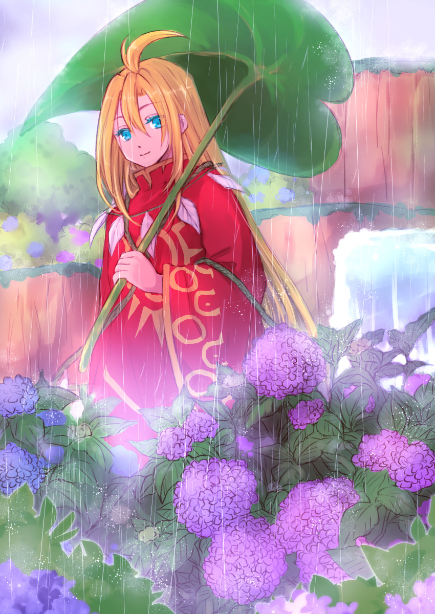 1boy absurdres ahat_(ragnarok_online) ahoge bangs blonde_hair blue_eyes blue_flower closed_mouth colored_eyelashes commentary_request feet_out_of_frame flower hair_between_eyes highres holding holding_umbrella hydrangea leaf_umbrella long_hair looking_at_viewer male_focus manoji purple_flower ragnarok_online rain red_robe smile solo tree umbrella water waterfall