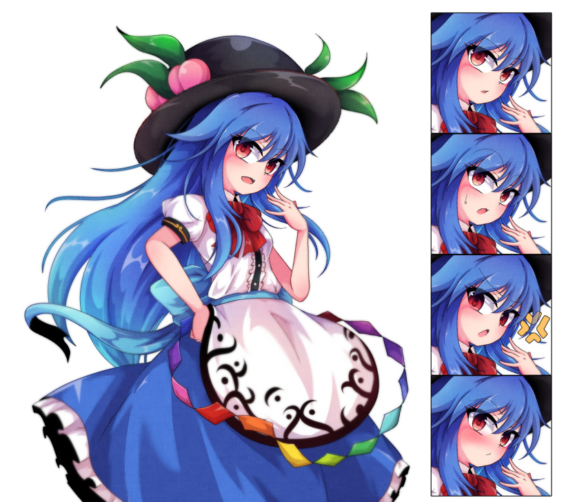 1girl anger_vein black_headwear blue_bow blue_hair blue_skirt bow center_frills collared_shirt cowboy_shot dress_shirt eyebrows_visible_through_hair food frilled_skirt frills fruit hand_on_hip hat highres hinanawi_tenshi leaf long_hair long_skirt looking_at_viewer neck_ribbon open_mouth peach puffy_short_sleeves puffy_sleeves rainbow_order red_bow red_eyes red_neckwear ribbon shen_li shirt short_sleeves skirt solo sweatdrop touhou white_background white_shirt