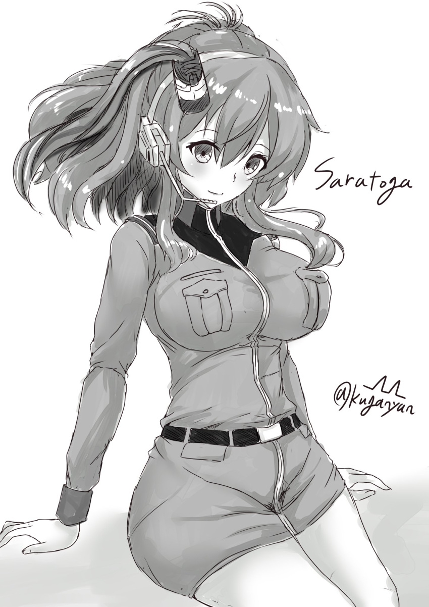 1girl artist_logo breasts character_name commentary_request cosplay cosplay_request greyscale hair_between_eyes headset highres kantai_collection kuga_zankurou large_breasts microphone military military_uniform monochrome ponytail saratoga_(kancolle) side_ponytail sidelocks sitting smokestack smokestack_hair_ornament solo twitter_username uniform