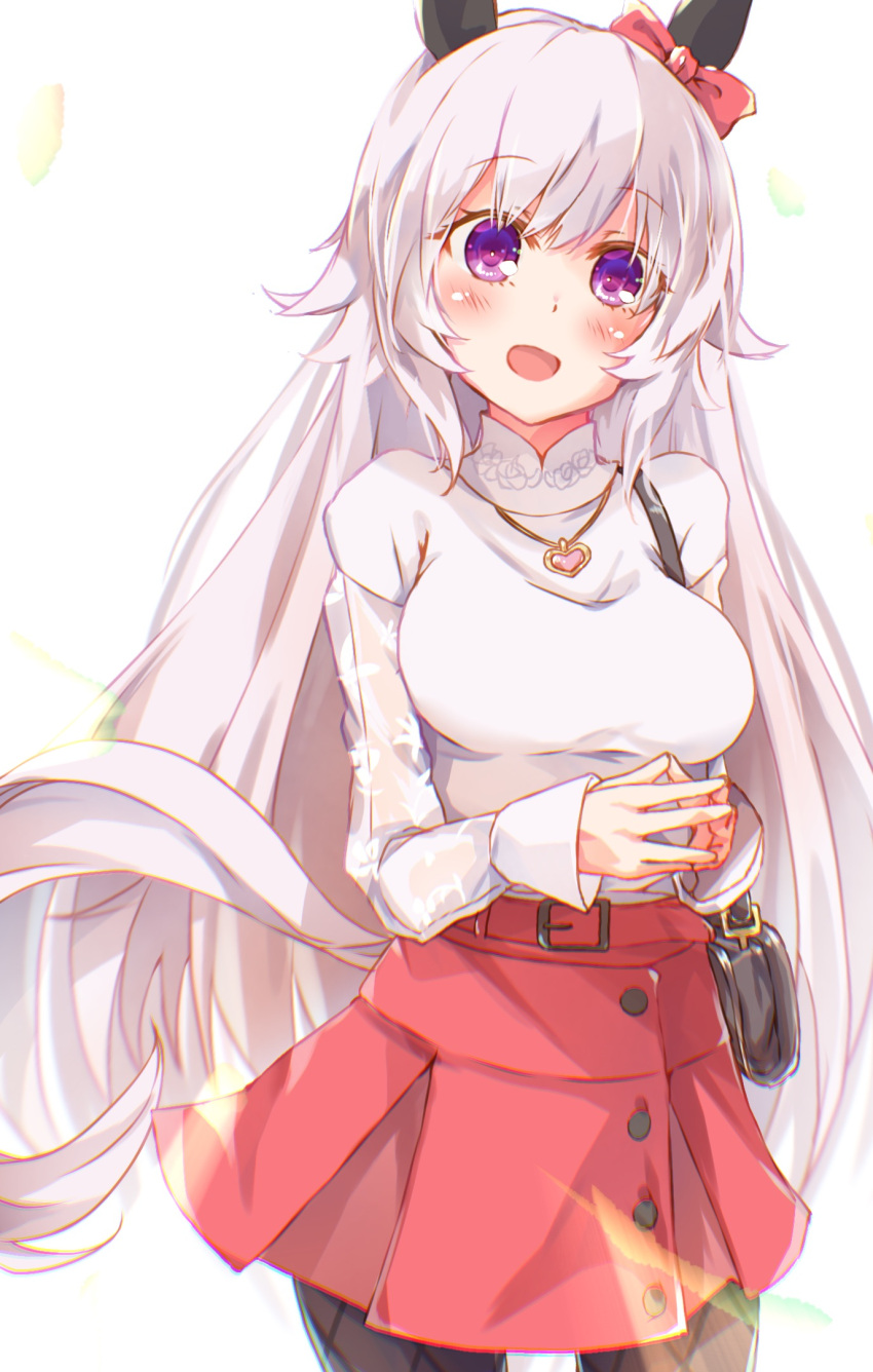 1girl :d alternate_hair_length alternate_hairstyle animal_ears bag bangs blush bow breasts brown_legwear commentary_request curren_chan_(umamusume) ear_bow eyebrows_visible_through_hair grey_hair hair_between_eyes highres horse_ears horse_girl horse_tail long_hair long_sleeves looking_at_viewer medium_breasts open_mouth pantyhose pleated_skirt red_bow red_skirt rinrin_(927413) see-through see-through_sleeves shirt shoulder_bag skirt sleeves_past_wrists smile solo steepled_fingers tail umamusume very_long_hair violet_eyes white_background white_shirt