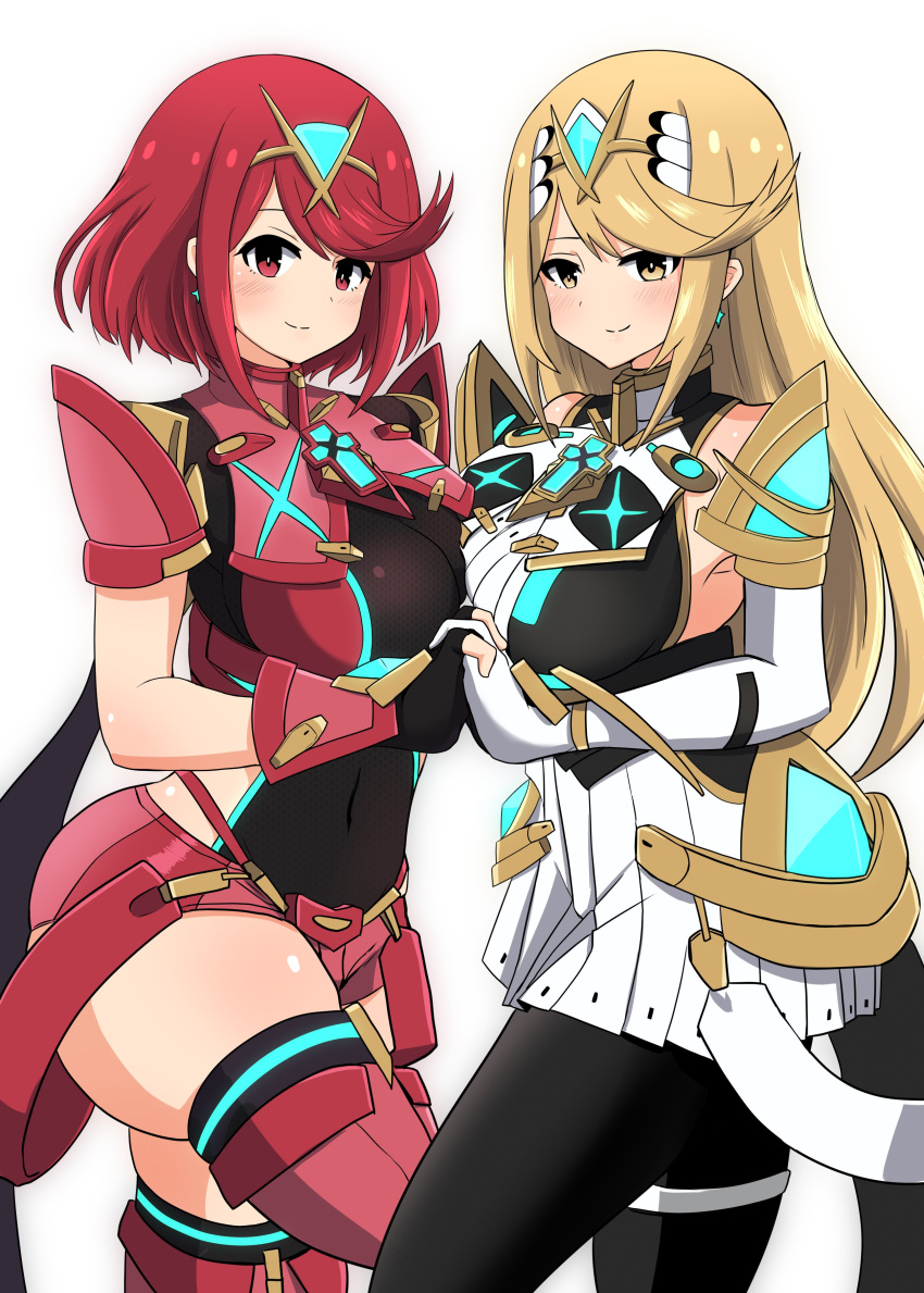 2girls absurdres asyura_kumo bangs bare_shoulders black_gloves blonde_hair breasts chest_jewel dress earrings elbow_gloves fingerless_gloves gloves highres jewelry large_breasts long_hair looking_at_viewer multiple_girls mythra_(massive_melee)_(xenoblade) mythra_(xenoblade) pantyhose pyra_(xenoblade) red_eyes red_legwear red_shorts redhead short_dress short_hair short_shorts shorts simple_background smile super_smash_bros. swept_bangs thigh-highs thigh_strap tiara very_long_hair white_dress white_gloves xenoblade_chronicles_(series) xenoblade_chronicles_2