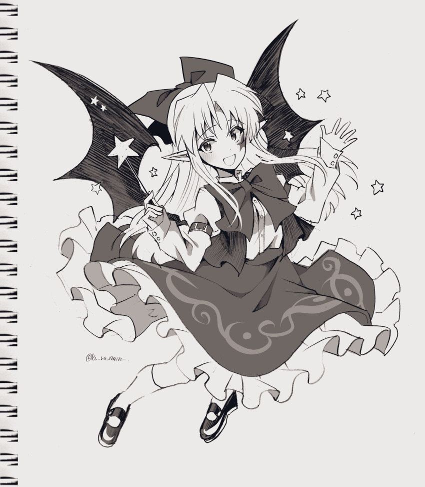 1girl :d bangs bat_wings bow bowtie elis_(touhou) eyebrows_visible_through_hair frilled_skirt frills full_body greyscale hair_bow highres holding holding_wand juliet_sleeves kuroshirase long_sleeves looking_at_viewer monochrome one-hour_drawing_challenge open_mouth pointy_ears puffy_sleeves shoes skirt smile socks solo star_(symbol) star_tattoo star_wand tattoo touhou touhou_(pc-98) twitter_username vest wand wings