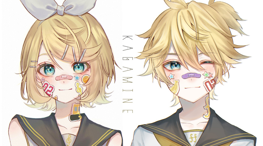 1boy 1girl amaharashi_34 aqua_eyes banana banana_sticker bandaid bandaid_on_face bandaid_on_nose bangs bare_arms bass_clef black_sailor_collar blonde_hair bow character_name close-up closed_mouth collarbone dot_nose eyebrows_visible_through_hair eyelashes face food fruit hair_between_eyes hair_bow hair_ornament hairclip high_ponytail highres kagamine_len kagamine_rin light_smile looking_at_viewer musical_note musical_note_print musical_note_sticker number_print one_eye_closed orange_(fruit) orange_sticker sailor_collar short_hair short_ponytail side-by-side simple_background star_(symbol) star_sticker steamroller steamroller_sticker sticker swept_bangs text_focus treble_clef tsurime upper_body vocaloid white_background white_bow yellow_neckwear