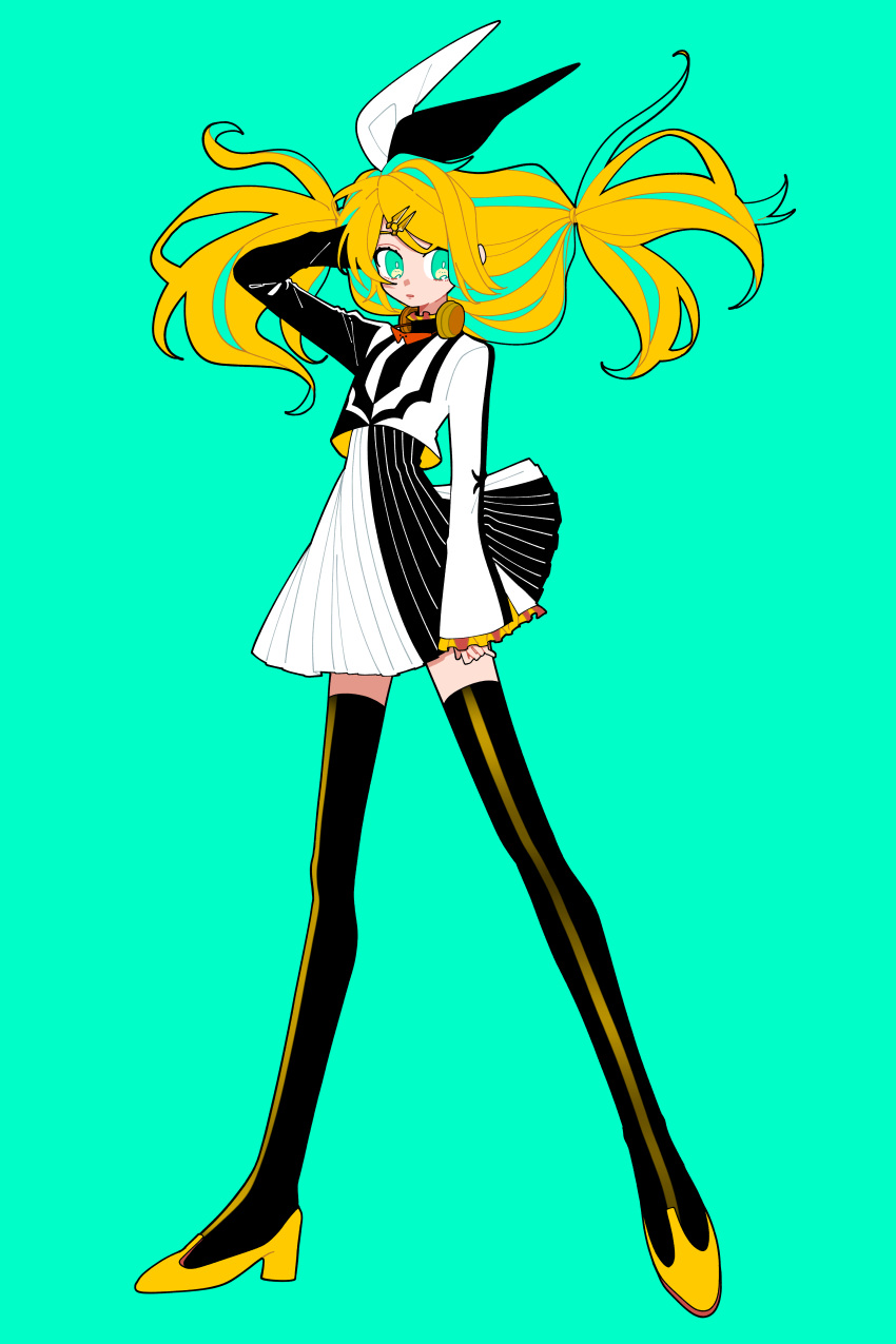 1girl absurdres aqua_background aqua_eyes aqua_hair arm_at_side big_eyes black_bow black_footwear blonde_hair boots bow bright_pupils crop_top dot_nose dress expressionless facing_viewer flat_chest floating_hair frilled_sleeves frills full_body hair_bow hair_ornament hairclip hand_on_own_head hand_up headphones headphones_around_neck high_heel_boots high_heels highres iroha_(hourai_24) kagamine_rin legs_apart long_hair long_legs long_sleeves looking_to_the_side low-tied_long_hair low_twintails multicolored_hair parted_lips pleated_dress roshin_yuukai_(vocaloid) short_dress sideways_glance simple_background solo standing streaked_hair striped thigh-highs thigh_boots tsurime twintails two-tone_bow two-tone_dress vertical_stripes vocaloid white_bow white_pupils zettai_ryouiki
