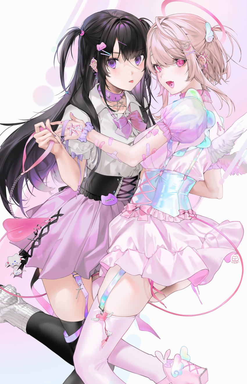 2girls angel_wings bandaid bandaid_on_arm black_hair black_legwear bow breasts character_name corset corset_piercing cross-laced_clothes demon_tail dress ear_piercing fang frilled_dress frills hair_ornament hairclip halo highres leash light_brown_hair long_hair loose_socks mira_(unxi) multiple_girls nail_art open_mouth original piercing pink_bow pink_dress pink_eyes pink_footwear pink_legwear puffy_short_sleeves puffy_sleeves purple_nails purple_skirt safety_pin scrunchie shirt short_hair short_sleeves simple_background skin_fang skindentation skirt tail thigh-highs tongue tongue_piercing two_side_up unxi violet_eyes violeta_(unxi) white_background white_legwear white_shirt wing_collar wings