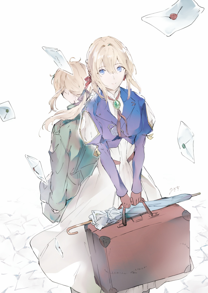 2girls black_ribbon blue_jacket braid brooch closed_mouth closed_umbrella commentary_request dress hair_ribbon highres jacket jewelry juliet_sleeves letter long_sleeves looking_at_viewer military military_uniform misaki_(syake-ama) multiple_girls ponytail puffy_sleeves red_ribbon ribbon smile suitcase time_paradox umbrella uniform violet_evergarden violet_evergarden_(series) white_dress