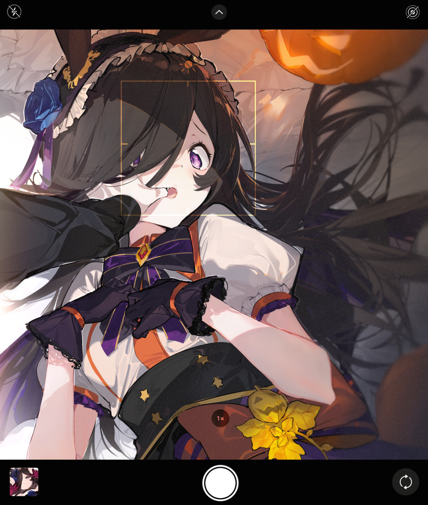 1girl aida_(chinhung0612) animal_ears bangs black_gloves black_hair black_hairband blue_flower blue_rose bow commentary_request fang finger_in_mouth flower gloves glowing hair_over_one_eye hairband hands_up highres horse_ears jack-o'-lantern long_hair long_sleeves lying make_up_in_halloween!_(umamusume) on_back open_mouth out_of_frame puffy_short_sleeves puffy_sleeves rice_shower_(umamusume) rose shirt short_sleeves solo_focus striped striped_bow umamusume upper_body very_long_hair violet_eyes white_shirt