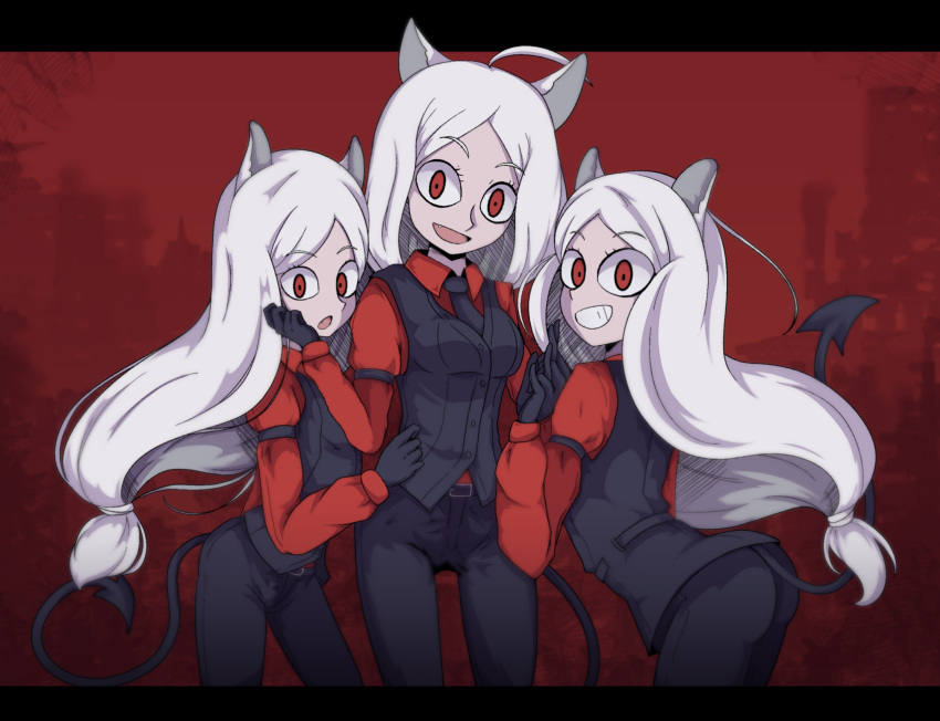 3girls ahoge animal_ears ass belt black_belt black_neckwear black_pants black_tail black_vest buttons cerberus_(helltaker) cowboy_shot demon_tail dog_ears eyebrows_visible_through_hair fang helltaker highres juliet_sleeves letterboxed long_hair long_sleeves looking_at_viewer multiple_girls necktie open_mouth pants puffy_sleeves red_background red_eyes red_shirt shen_li shirt tail tight tight_pants vest white_hair