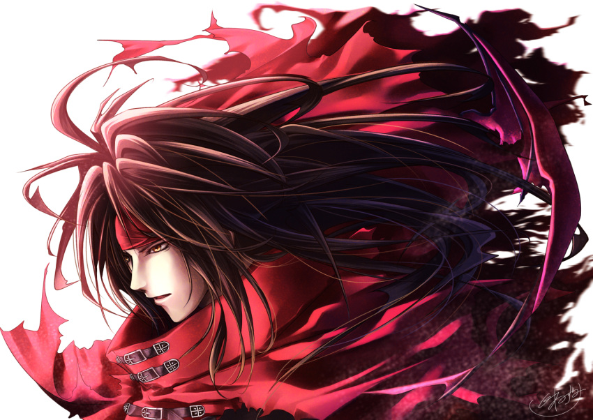 1boy 41120714 black_hair cloak final_fantasy final_fantasy_vii headband long_hair messy_hair pale_skin red_clouds red_eyes red_headband torn_clothes vincent_valentine white_background