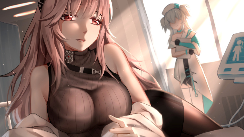 2girls absurdres bangs belt black_gloves black_legwear black_skirt breasts brown_sweater closed_mouth eyebrows_visible_through_hair girls'_frontline_neural_cloud girls_frontline gloves hair_between_eyes hair_ornament hat highres holding holding_notepad large_breasts long_hair looking_at_viewer lying multiple_girls notepad nurse nurse_cap off-shoulder_sweater off_shoulder on_side open_mouth pa-15_(girls'_frontline) pantyhose persica_(girls'_frontline) persicaria_(girls'_frontline_nc) pink_hair red_eyes silver_hair skirt standing sweater wo_you_yibei_jia_wanli