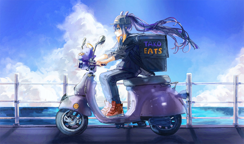 1girl boots clouds delivery fence ground_vehicle highres hololive hololive_english long_hair motor_vehicle multicolored_hair ninomae_ina'nis ocean pants pointy_ears purple_hair quasarcake scooter sitting solo sweater tako_(ninomae_ina'nis) tentacle_hair virtual_youtuber