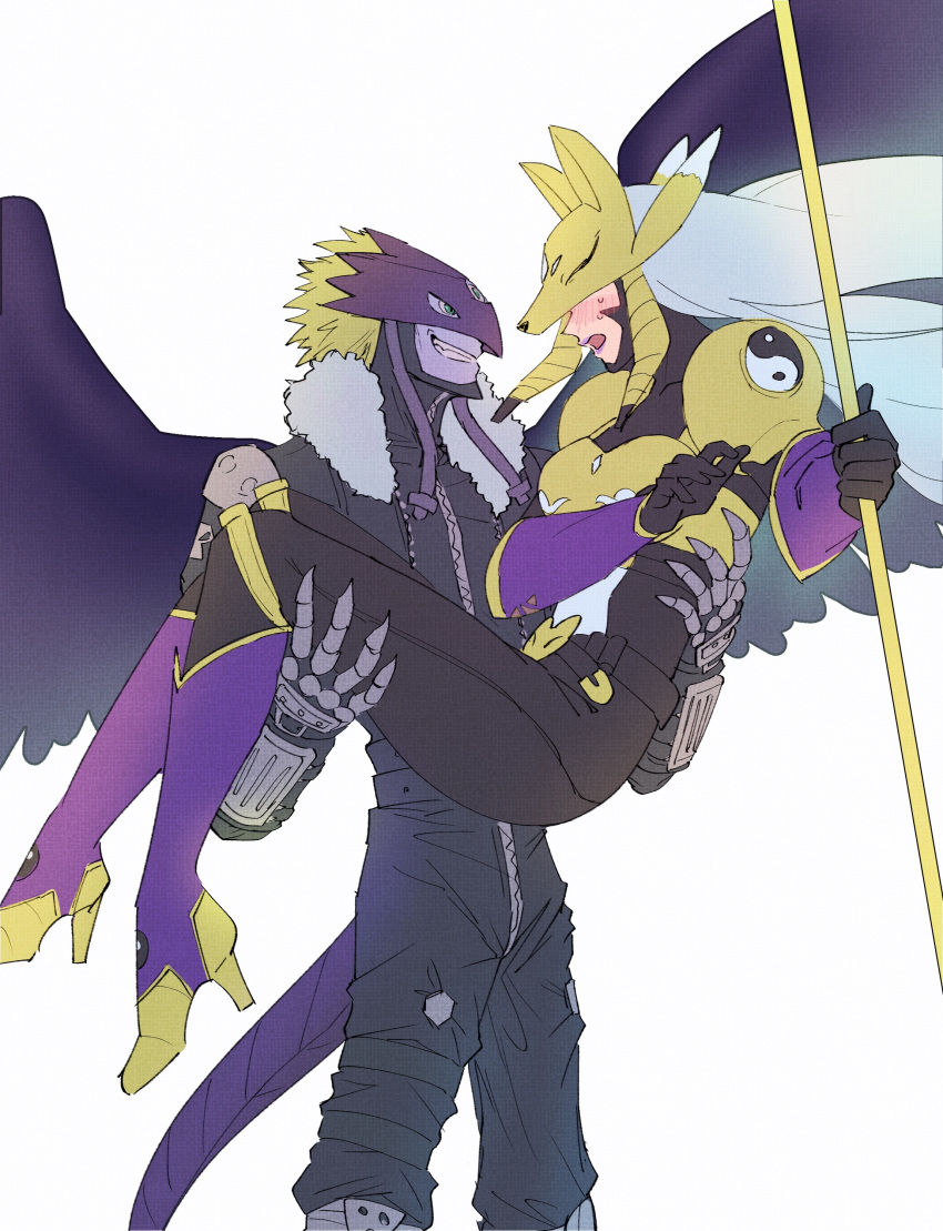 1boy 1girl absurdres armor ass beelzebumon belt black_bodysuit black_jacket black_wings blonde_hair blush bodysuit breasts buckle carrying claws colored_skin commentary_request covered_collarbone covered_eyes cowboy_shot detached_sleeves digimon digimon_(creature) digital_hazard embarrassed facial_mark feathered_wings floating_hair fox_mask fur-trimmed_jacket fur_trim gauntlets gloves green_eyes grin high_heels highres holding holding_staff jacket lipstick long_hair looking_at_another makeup mask medium_breasts nose_blush open_clothes open_jacket open_mouth princess_carry purple_legwear purple_lips purple_sleeves raichi274 sakuyamon short_hair silver_hair simple_background smile staff standing stirrup_legwear tail teeth third_eye toeless_legwear twintails very_long_hair white_background wings yellow_armor yellow_footwear yin_yang yin_yang_print zipper