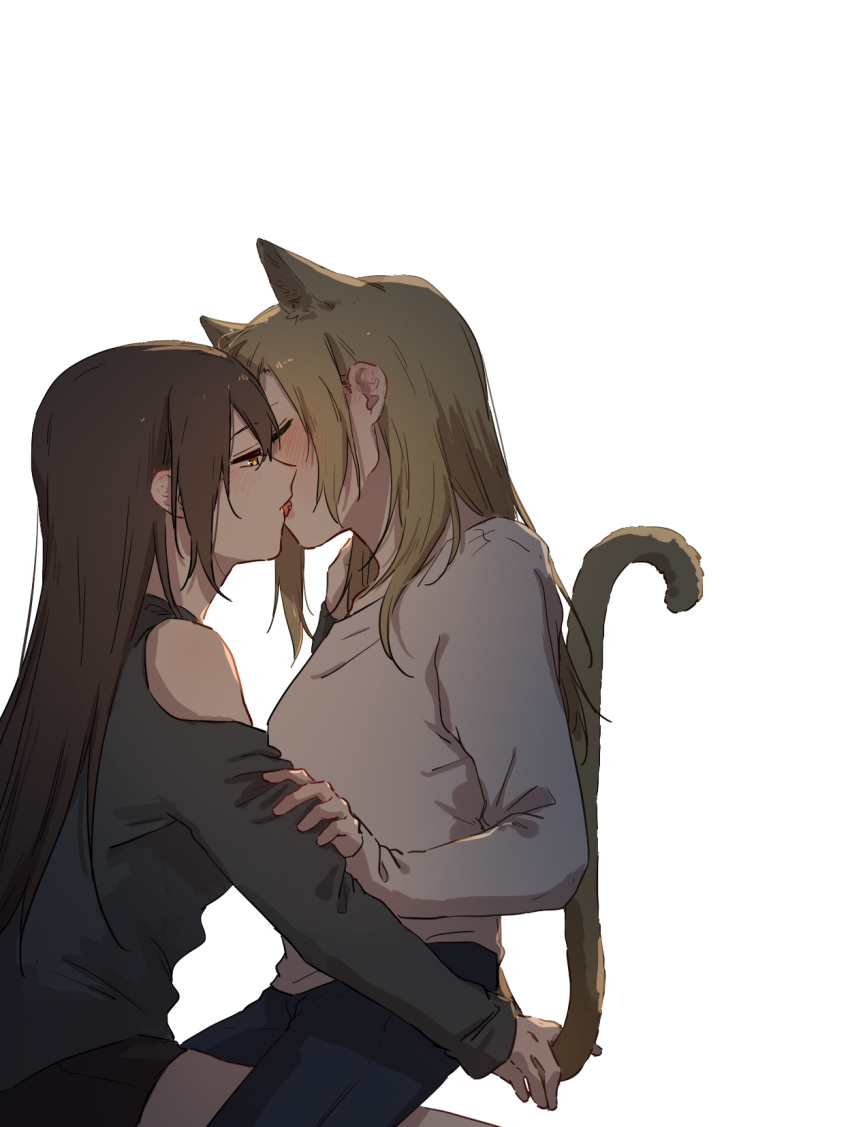2girls animal_ears arm_grab blush brown_hair closed_mouth commentary_request eyebrows_visible_through_hair half-closed_eyes highres licking_lips light_brown_hair long_hair multiple_girls natsuyiro_x orange_eyes original simple_background tail tail_grab tongue tongue_out white_background yuri