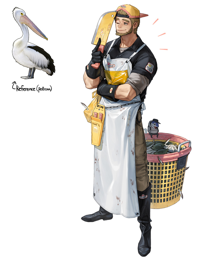 1boy absurdres apron backwards_hat basket beard bird black_footwear black_gloves black_shirt boots brown_hair brown_pants facial_hair gloves hat highres holding one_eye_closed original pants pelican personification rinotuna shirt short_sleeves simple_background solo white_apron white_background yellow_headwear