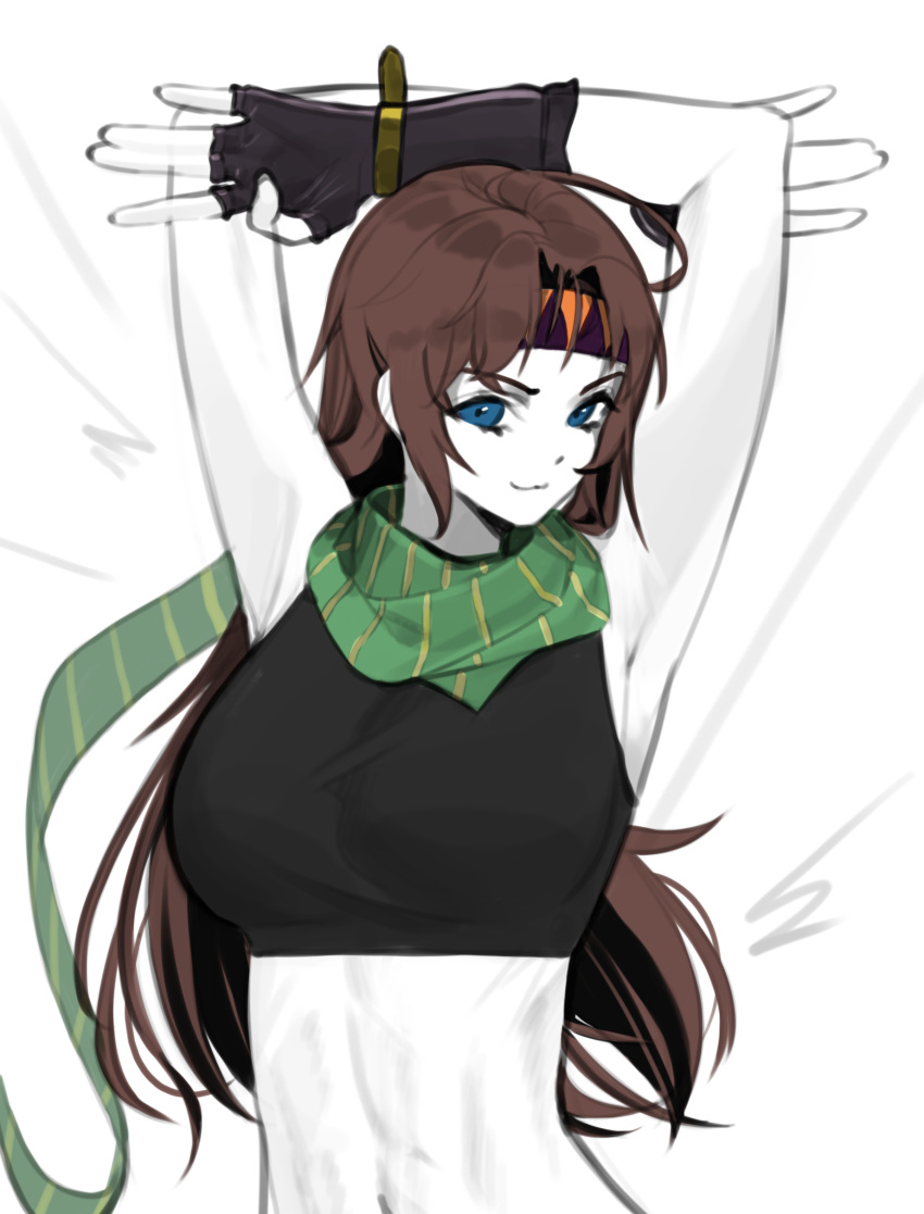 1girl absurdres armpits arms_up battle_tendency black_gloves blue_eyes breasts brown_hair fingerless_gloves genderswap genderswap_(mtf) gloves green_scarf headband highres jojo_no_kimyou_na_bouken joseph_joestar joseph_joestar_(young) large_breasts long_hair midriff navel norunollu scarf solo upper_body white_background