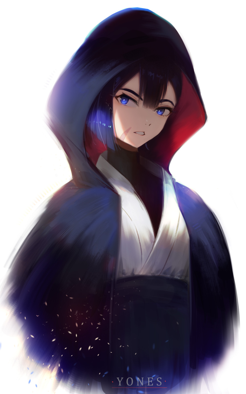 1girl absurdres artist_name bangs black_cloak black_hair blue_eyes cloak english_commentary f_(star_wars) head_tilt highres looking_to_the_side parted_lips robe short_hair solo star_wars star_wars:_visions upper_body white_background yonesdraws