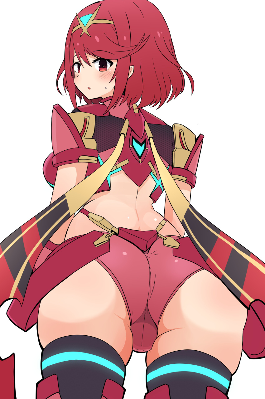 1girl absurdres asyura_kumo bangs black_gloves breasts chest_jewel earrings fingerless_gloves gloves highres jewelry large_breasts pyra_(xenoblade) red_eyes red_legwear red_shorts redhead short_hair short_shorts shorts solo swept_bangs thigh-highs tiara xenoblade_chronicles_(series) xenoblade_chronicles_2