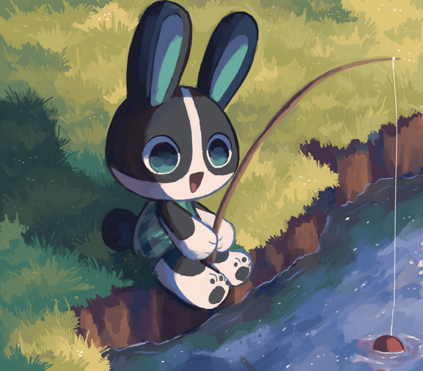 1girl :d animal_crossing blue_eyes dotty_(animal_crossing) fishing fishing_rod fouinar grass highres open_mouth outdoors rabbit shadow sitting smile solo water