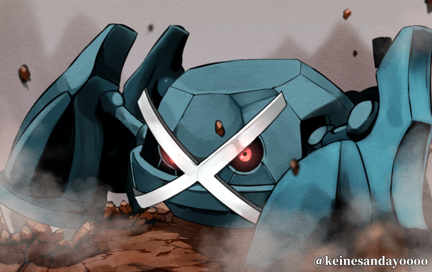 black_sclera blurry claws colored_sclera commentary_request glowing glowing_eyes keinesandayoooo looking_at_viewer metagross no_humans outdoors pokemon pokemon_(creature) red_eyes rock smoke solo standing