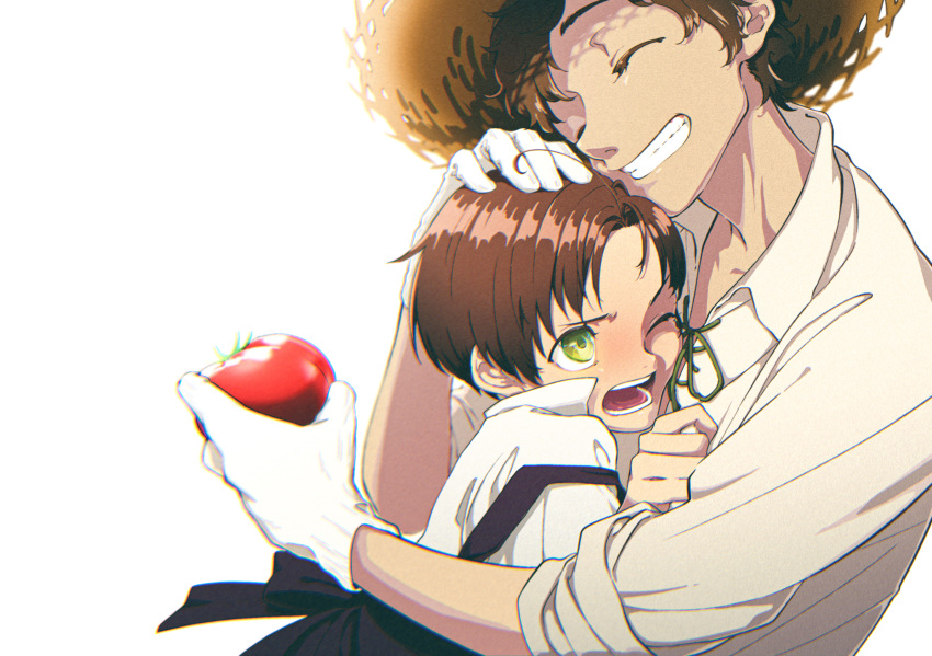 2boys ;o axis_powers_hetalia brown_hair child food fruit gloves hat highres holding holding_food holding_fruit hug male_focus multiple_boys one_eye_closed rawshirasudon shirt short_hair simple_background southern_italy_(hetalia) spain_(hetalia) straw_hat tomato white_background white_gloves white_shirt