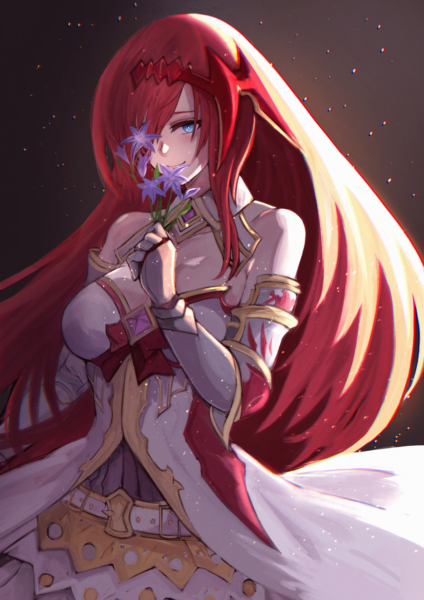 1girl absurdres backlighting bangs bare_shoulders belt blue_eyes breasts cero421 detached_collar dress elbow_gauntlets flower gauntlets godsworn_alexiel granblue_fantasy hair_over_one_eye highres holding holding_flower large_breasts long_hair one_eye_covered purple_flower redhead solo upper_body very_long_hair