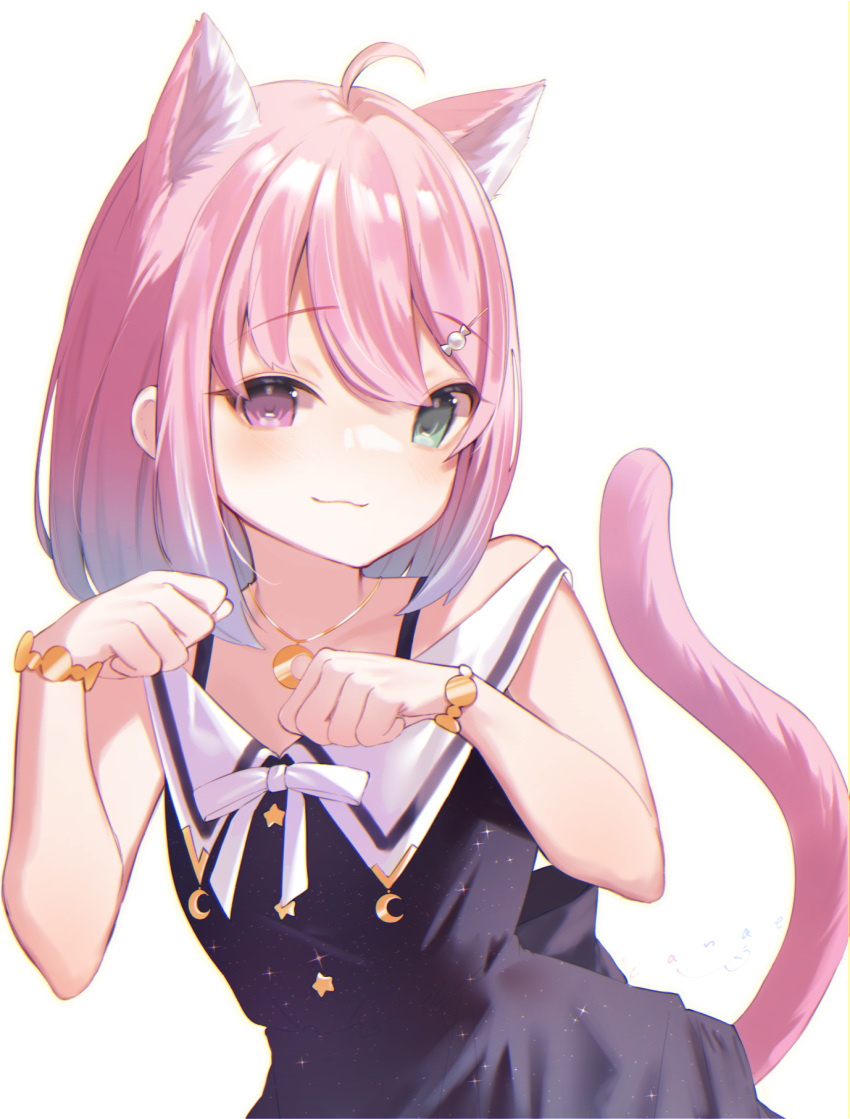 1girl :3 ahoge animal_ear_fluff animal_ears bangs black_dress blue_hair bow cat_ears cat_girl cat_tail closed_mouth commentary_request crescent_necklace dress eyebrows_visible_through_hair gradient gradient_background green_eyes heterochromia highres himemori_luna hololive kanae_(inorin05kanae) looking_at_viewer medium_hair paw_pose pink_hair simple_background sleeveless sleeveless_dress solo tail upper_body violet_eyes virtual_youtuber white_background white_bow