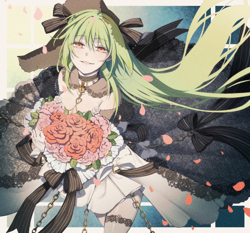 1girl black_ribbon bouquet breasts chain collar commentary_request dress eyebrows_visible_through_hair feet_out_of_frame flower girls_frontline green_hair hair_ribbon highres holding holding_bouquet holding_flower lock long_hair looking_at_viewer mk48_(girls'_frontline) open_mouth petals rabb_horn red_eyes ribbon smile smirk solo standing thigh-highs wedding wedding_dress white_collar white_dress white_legwear yandere