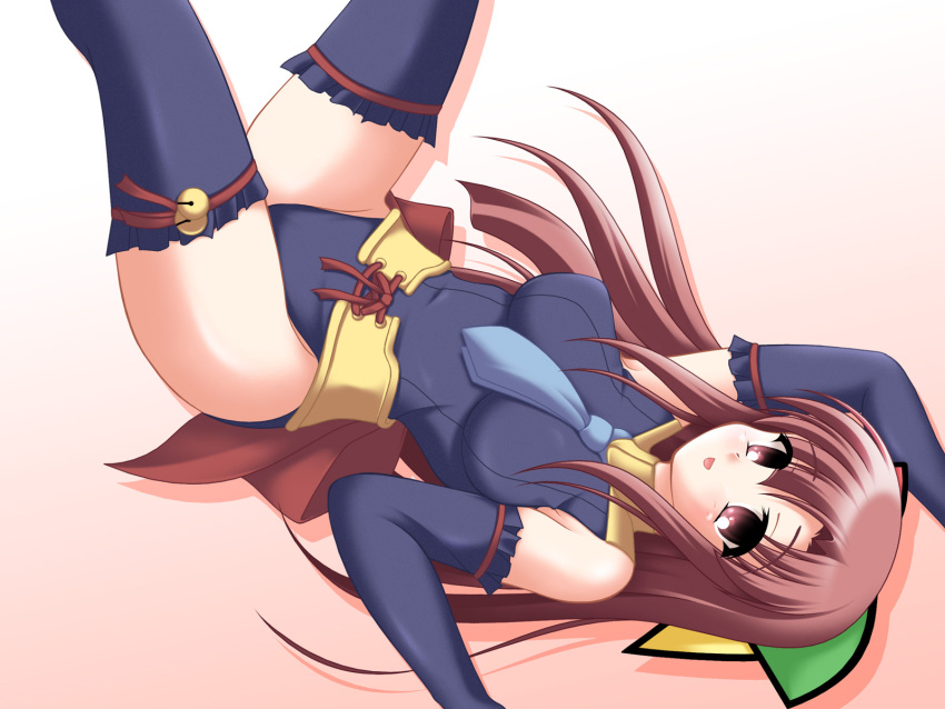 1girl 95-tan bare_shoulders blush bow breasts brown_hair hair_bow highres kakesu large_breasts long_hair looking_at_viewer lying necktie open_mouth os-tan smile solo thigh-highs zettai_ryouiki