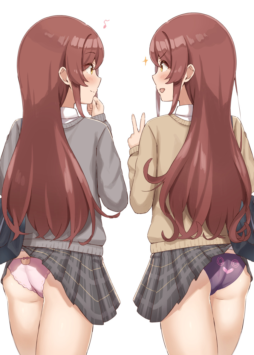 2girls :d absurdres ass bag black_skirt blush brown_hair brown_sweater closed_mouth clothes_lift clothes_pull cowboy_shot eighth_note eye_contact eyebrows_visible_through_hair grey_sweater highres idolmaster idolmaster_shiny_colors long_hair long_sleeves looking_at_another miniskirt multiple_girls musical_note oosaki_amana oosaki_tenka open_mouth panties pantyhose pantyhose_pull pink_panties plaid plaid_skirt pleated_skirt purple_panties school_bag school_uniform siblings simple_background sisters skirt skirt_lift smile sparkle sweater thighs twins underwear v v-shaped_eyebrows wanimaru white_background yellow_eyes