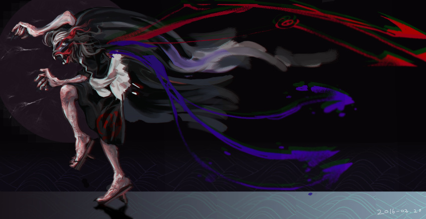 1girl asymmetrical_wings black_dress black_hair dark_background dated dress erty113 full_body geta highres houjuu_nue long_hair mask outstretched_arms sneaking solo standing standing_on_one_leg touhou veiny_arms very_long_hair wings