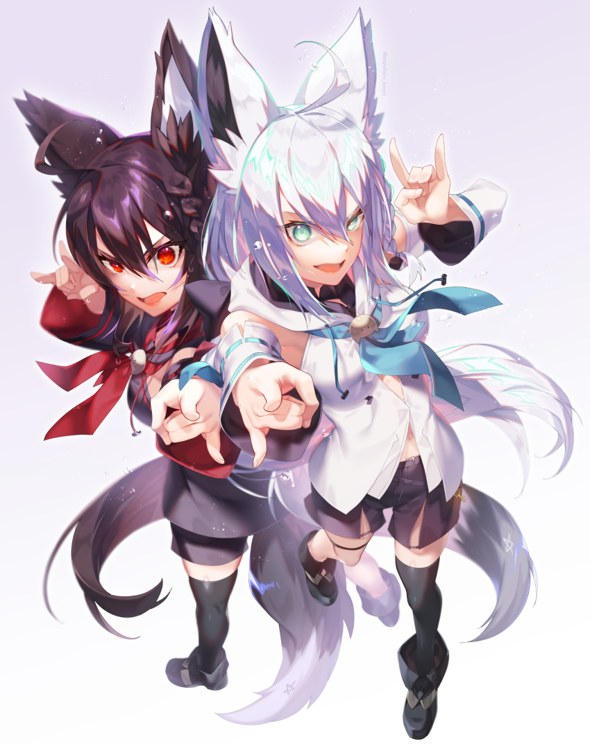 2girls \n/ ahoge animal_ear_fluff animal_ears anywhere_knock aqua_eyes bangs black_footwear black_hair black_legwear black_shirt black_shorts blue_neckwear boots braid breasts commentary dark_persona detached_sleeves double_\n/ fox_ears fox_girl fox_tail full_body gradient gradient_background hair_between_eyes highres hololive hood hood_down kurokami_fubuki long_hair long_sleeves looking_at_viewer medium_breasts multiple_girls neckerchief open_mouth outstretched_arm red_eyes red_neckwear shirakami_fubuki shirt shorts standing standing_on_one_leg tail thigh-highs very_long_hair virtual_youtuber white_hair white_shirt