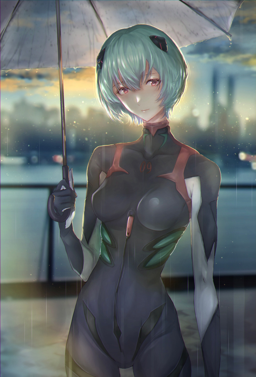 1girl ayanami_rei bangs black_bodysuit blue_hair blurry blurry_background bodysuit breasts cowboy_shot depth_of_field evangelion:_3.0+1.0_thrice_upon_a_time guild_#4 highres holding holding_umbrella interface_headset light_smile looking_at_viewer medium_breasts neon_genesis_evangelion outdoors plugsuit railing rain rebuild_of_evangelion red_eyes short_hair solo standing thigh_gap transparent transparent_umbrella umbrella