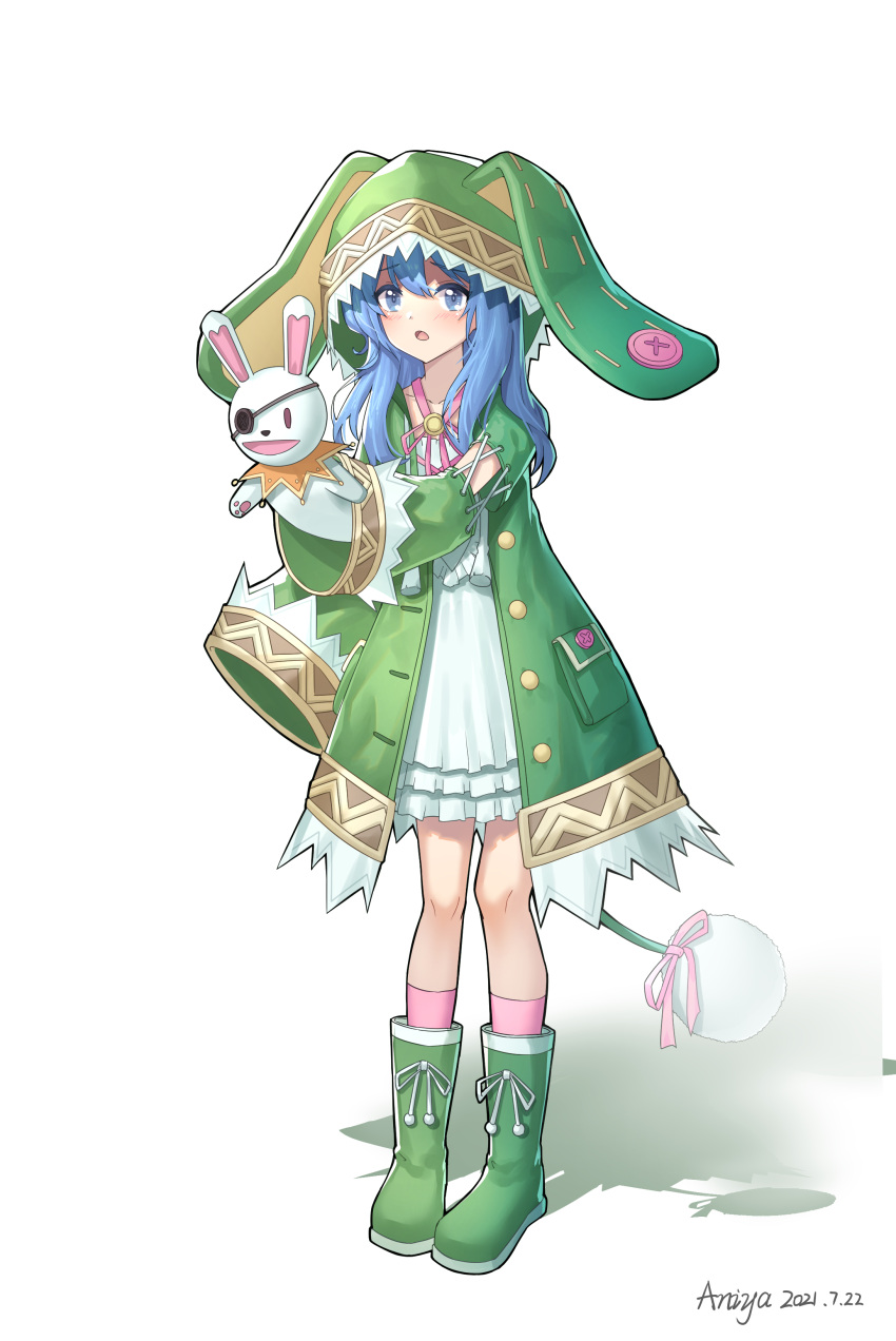 1girl :o absurdres animal_hat aniya_froh artist_name blue_eyes blue_hair blush boots bunny_hat date_a_live dated eyepatch green_footwear green_jacket hand_puppet hat highres jacket long_hair looking_at_viewer pink_legwear pocket puppet rubber_boots solo tail white_background yoshino_(date_a_live)