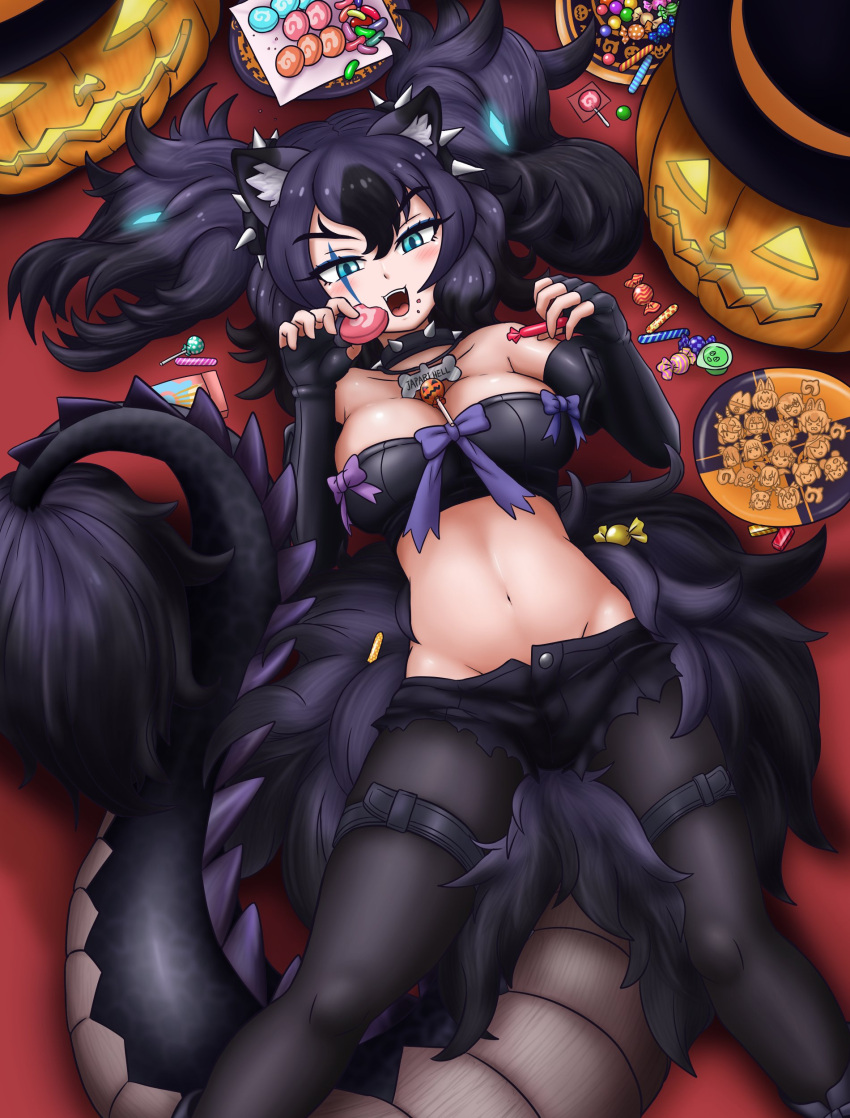 1girl absurdres adansosutega animal_ears aqua_eyes big_hair black_hair bone_necklace bow breasts buttons candy cerberus_(kemono_friends) collar cookie dog_ears elbow_gloves feet_out_of_frame fingerless_gloves food food_on_face from_above gloves glowing glowing_hair groin hair_between_eyes halloween hands_up highres holding holding_food jack-o'-lantern kemono_friends legwear_under_shorts lizard_tail lollipop looking_at_viewer lowleg lowleg_shorts lying multicolored_hair navel object_on_breast on_back open_clothes open_mouth open_shorts plate pumpkin purple_hair scar scar_across_eye scar_on_face short_shorts shorts smile solo spiked_collar spikes stomach strapless tail thigh_strap tube_top two-tone_hair two_side_up unbuttoned v-shaped_eyebrows