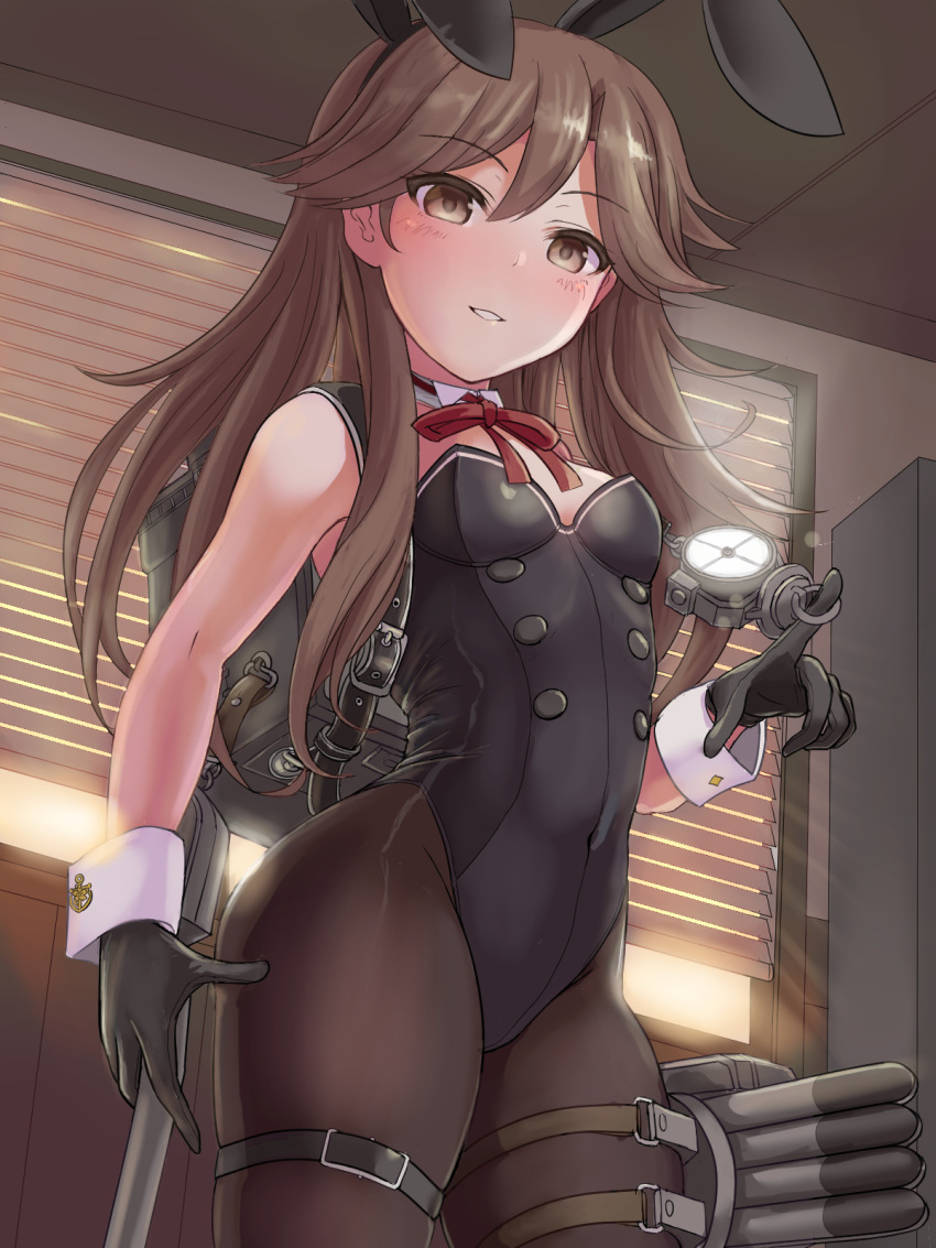 1girl adapted_costume animal_ears arashio_(kancolle) backpack bag bangs black_gloves black_legwear black_leotard blush breasts brown_eyes brown_hair detached_collar em_s eyebrows_visible_through_hair fake_animal_ears gloves groin highres kantai_collection leotard long_hair looking_at_viewer pantyhose parted_lips playboy_bunny rabbit_ears rabbit_tail randoseru red_neckwear remodel_(kantai_collection) rigging searchlight side-tie_leotard small_breasts smile solo strapless strapless_leotard tail thigh_strap torpedo_launcher torpedo_tubes wrist_cuffs