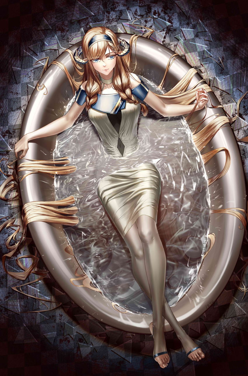 1girl absurdres alternate_costume arknights bare_arms bare_shoulders bathing bathtub blonde_hair blue_eyes blue_hairband braid breasts chinese_commentary closed_mouth collarbone commentary_request covered_navel crossed_legs dragon_horns dress full_body hairband highres horns large_breasts long_hair long_loye looking_away looking_to_the_side lying off-shoulder_dress off_shoulder on_back partially_submerged saileach_(arknights) smile solo stirrup_legwear thigh-highs toeless_legwear toenails twin_braids very_long_hair water white_dress white_legwear