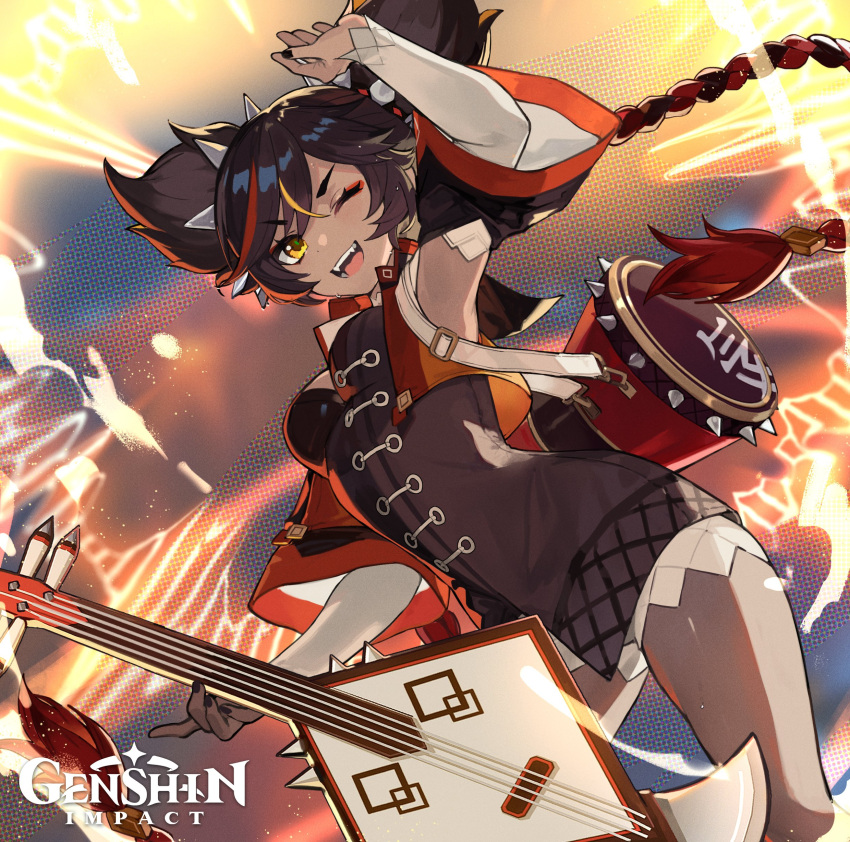 1girl absurdres arm_up bangs black_hair black_nails blonde_hair breasts dark-skinned_female dark_skin detached_sleeves english_commentary fangs genshin_impact hairband highres holding holding_instrument instrument logo looking_at_viewer lute_(instrument) medium_breasts multicolored_hair nail_polish official_art one_eye_closed open_mouth redhead shorts solo spiked_hairband spikes streaked_hair twintails white_shorts xinyan_(genshin_impact)