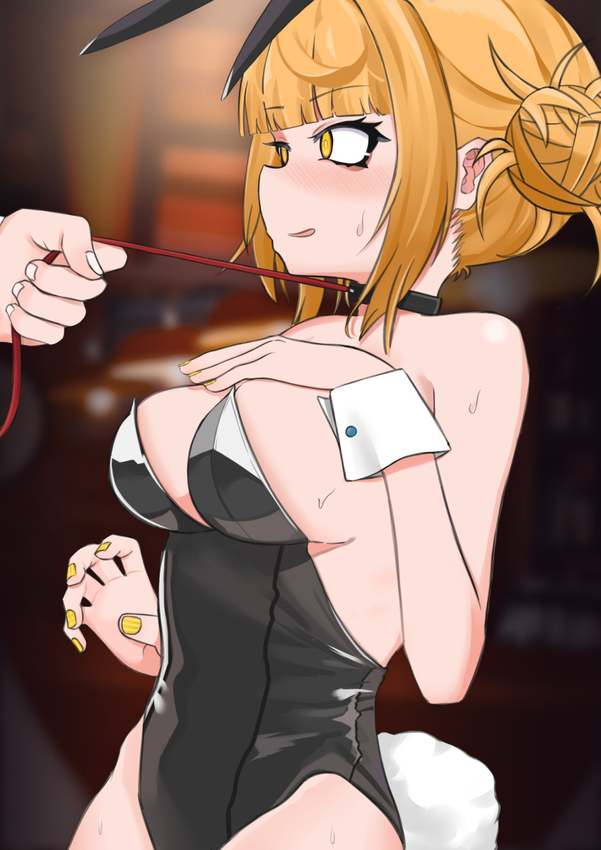 1girl 1other absurdres animal_ears bangs bare_shoulders black_collar black_leotard blonde_hair blunt_bangs blush boku_no_hero_academia breasts collar commentary_request double_bun eyebrows_visible_through_hair fake_animal_ears highres leash leash_pull leotard nanomitw_(jackson2444) open_mouth playboy_bunny rabbit_ears rabbit_tail solo_focus sweat tail toga_himiko white_nails yellow_eyes yellow_nails