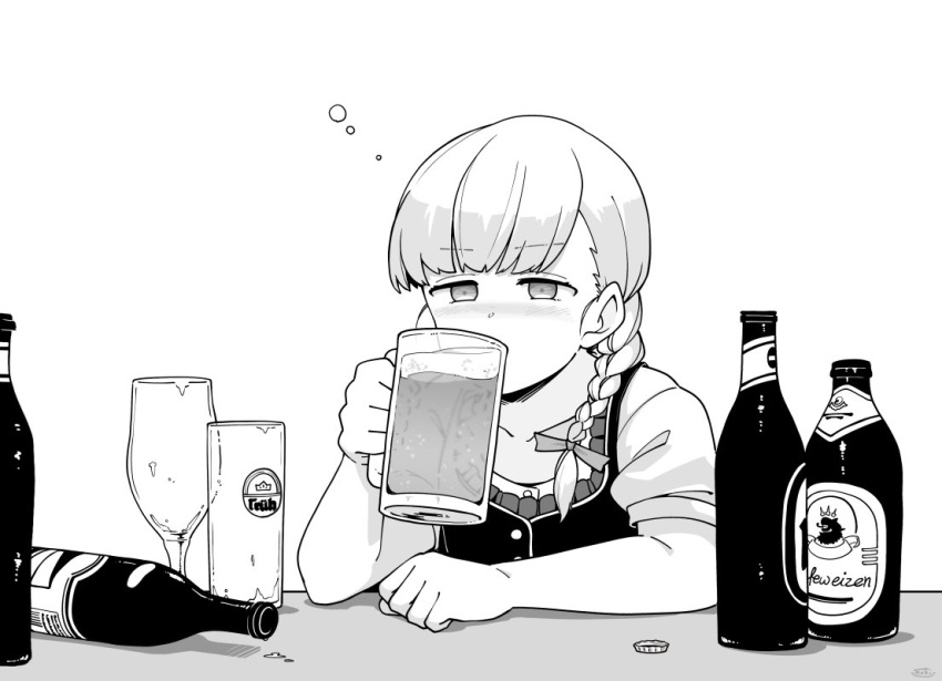 1girl alcohol bangs beer beer_bottle beer_mug blunt_bangs blush commentary_request cup dirndl drinking drinking_glass eyebrows_visible_through_hair fujinoki_(horonabe-ken) german_clothes holding holding_cup kantai_collection long_hair monochrome mug shin'you_(kancolle) simple_background solo upper_body white_background wine_glass