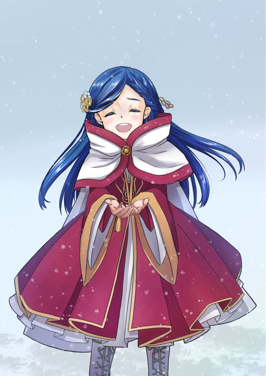 1girl :d absurdres bangs blue_hair boots braid cape closed_eyes dress facing_viewer floating_hair grey_background hair_ornament hairpin highres honzuki_no_gekokujou long_hair long_sleeves maine_(honzuki_no_gekokujou) open_mouth parted_bangs red_dress shiny shiny_hair smile solo standing white_cape white_footwear wide_sleeves