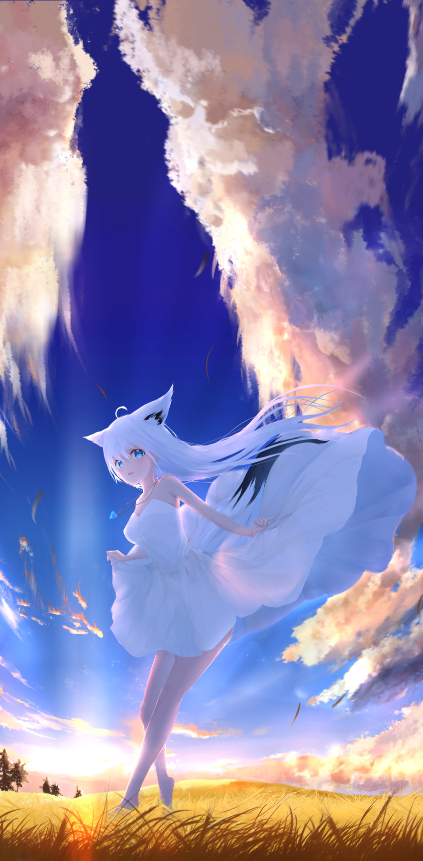 1girl absurdres ahoge animal_ear_fluff animal_ears bare_arms bare_shoulders blush breasts clothes_lift clouds cloudy_sky commentary day dress floating_hair fox_ears fox_girl fox_tail grasslands green_eyes hair_between_eyes highres hololive jewelry looking_at_viewer medium_breasts moubokobokodayo necklace open_mouth shirakami_fubuki skirt skirt_lift sky sleeveless sleeveless_dress solo sundress tail virtual_youtuber white_dress white_hair