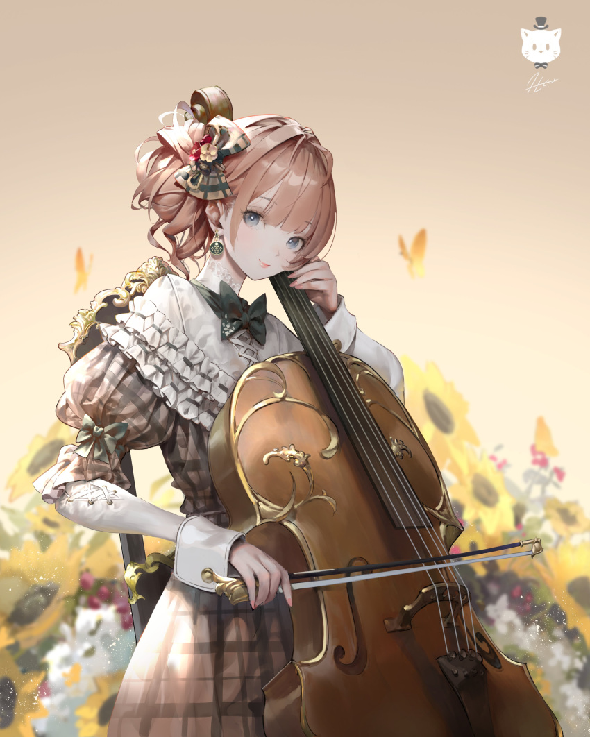 1girl absurdres artist_name bangs blunt_bangs bow bow_(instrument) brown_hair bug butterfly cello cross earrings flower green_bow green_eyes green_neckwear grey_eyes hair_bow highres holding holding_instrument instrument jewelry juliet_sleeves jung_wonjo lace_collar lens_flare long_sleeves looking_at_viewer music original pink_nails playing_instrument puffy_long_sleeves puffy_sleeves red_butterfly short_hair short_ponytail simple_background solo sunflower upper_body wavy_hair