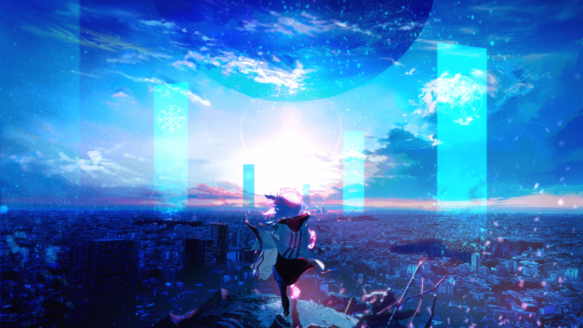 1other ambiguous_gender blue_sky blue_theme cityscape commentary facing_away full_body glitch highres hood hoodie kyuko2go lens_flare original planet reaching_out satellite scenery short_hair sky sleeves_past_wrists tagme white_hair white_hoodie wide_image