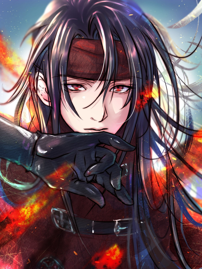 1boy black_hair cloak final_fantasy final_fantasy_vii gloves headband highres long_hair looking_at_viewer messy_hair pale_skin ponco_pacoooon red_cloak red_eyes red_headband vincent_valentine