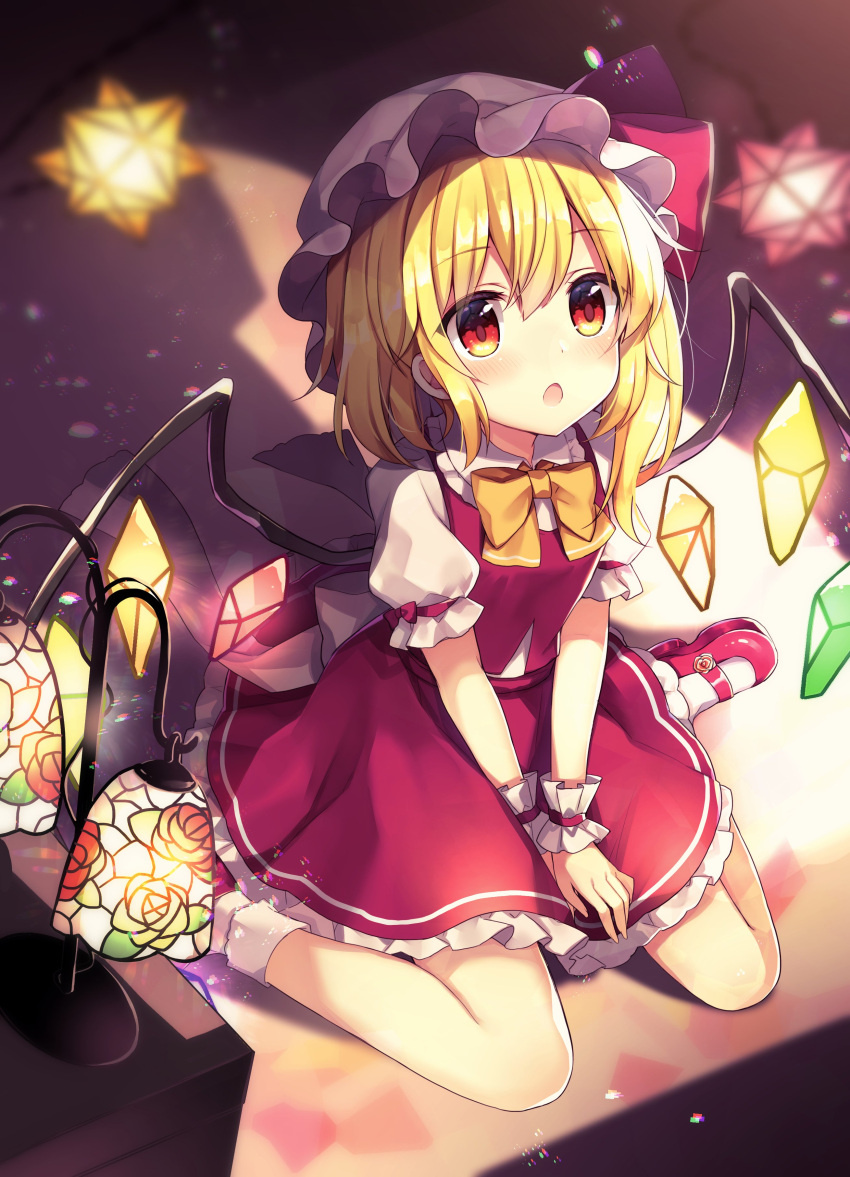 1girl :o absurdres bangs black_footwear blonde_hair blush bow bowtie collar commentary_request crystal dot_nose eyebrows_visible_through_hair flandre_scarlet floor frilled_shirt_collar frills hair_between_eyes hands_on_ground hat hat_ribbon highres lamp looking_to_the_side mob_cap multicolored_wings on_floor one_side_up open_mouth pantyhose puffy_short_sleeves puffy_sleeves red_bow red_eyes red_ribbon red_skirt red_vest ribbon ruhika shirt shoes short_hair short_sleeves sitting skirt solo star_(symbol) table touhou vest wariza white_bow white_headwear white_legwear white_shirt wings wrist_cuffs yellow_bow yellow_bowtie yellow_neckwear
