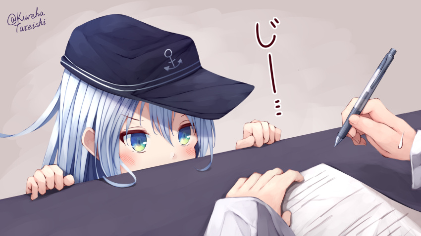 1girl admiral_(kancolle) anchor_symbol black_headwear blue_eyes blush eyebrows_visible_through_hair flat_cap hair_between_eyes hat hibiki_(kancolle) highres holding holding_pen kantai_collection long_hair long_sleeves paper pen silver_hair solo_focus tateishi_kureha twitter_username